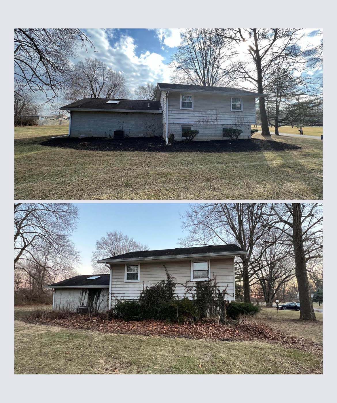 Two-story house with faded siding and an attached garage, set in a yard with dry grass, and bare trees.