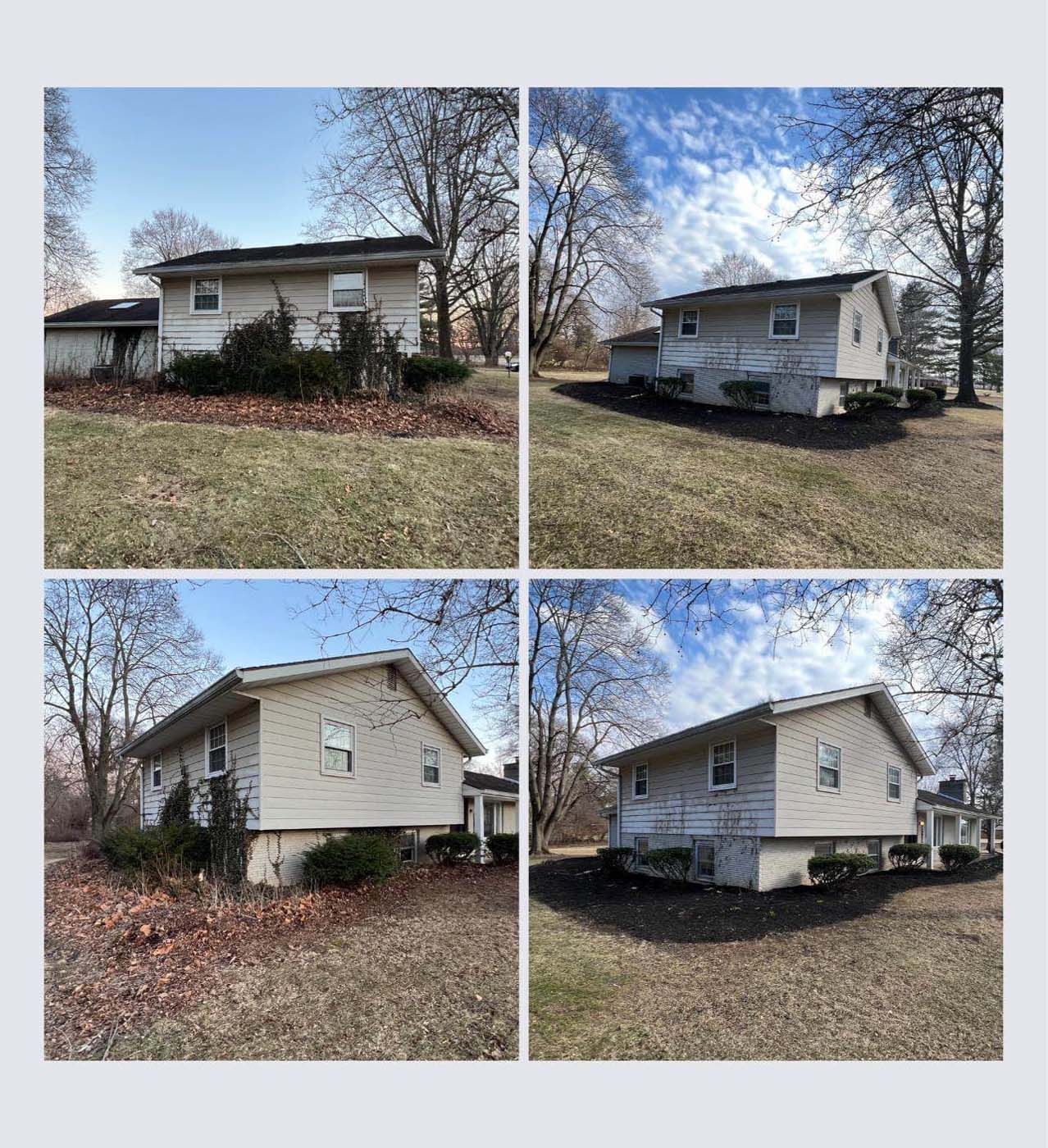 Four exterior views of a single-story house with weathered siding and a bare yard under a blue sky.