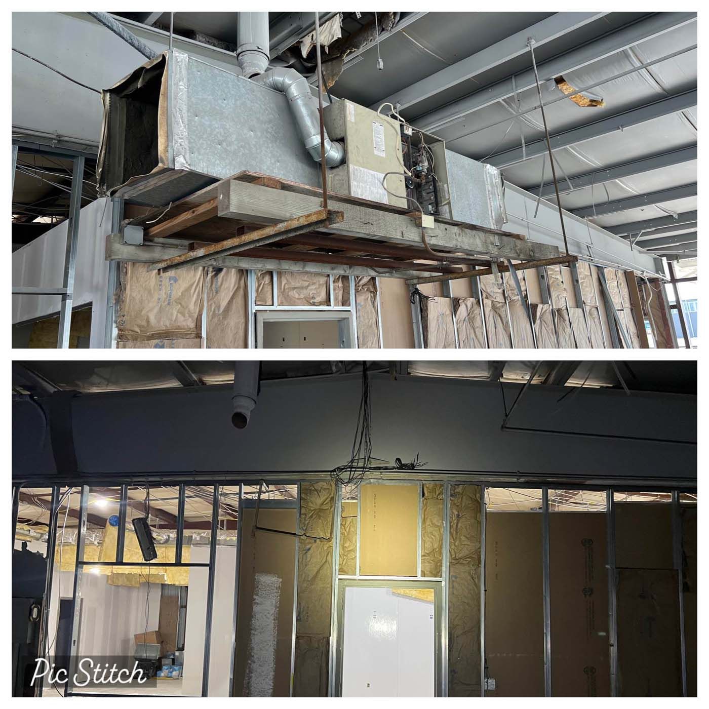 Two photos: Interior building damage after demolition. Exposed beams, wires, ductwork, and drywall.