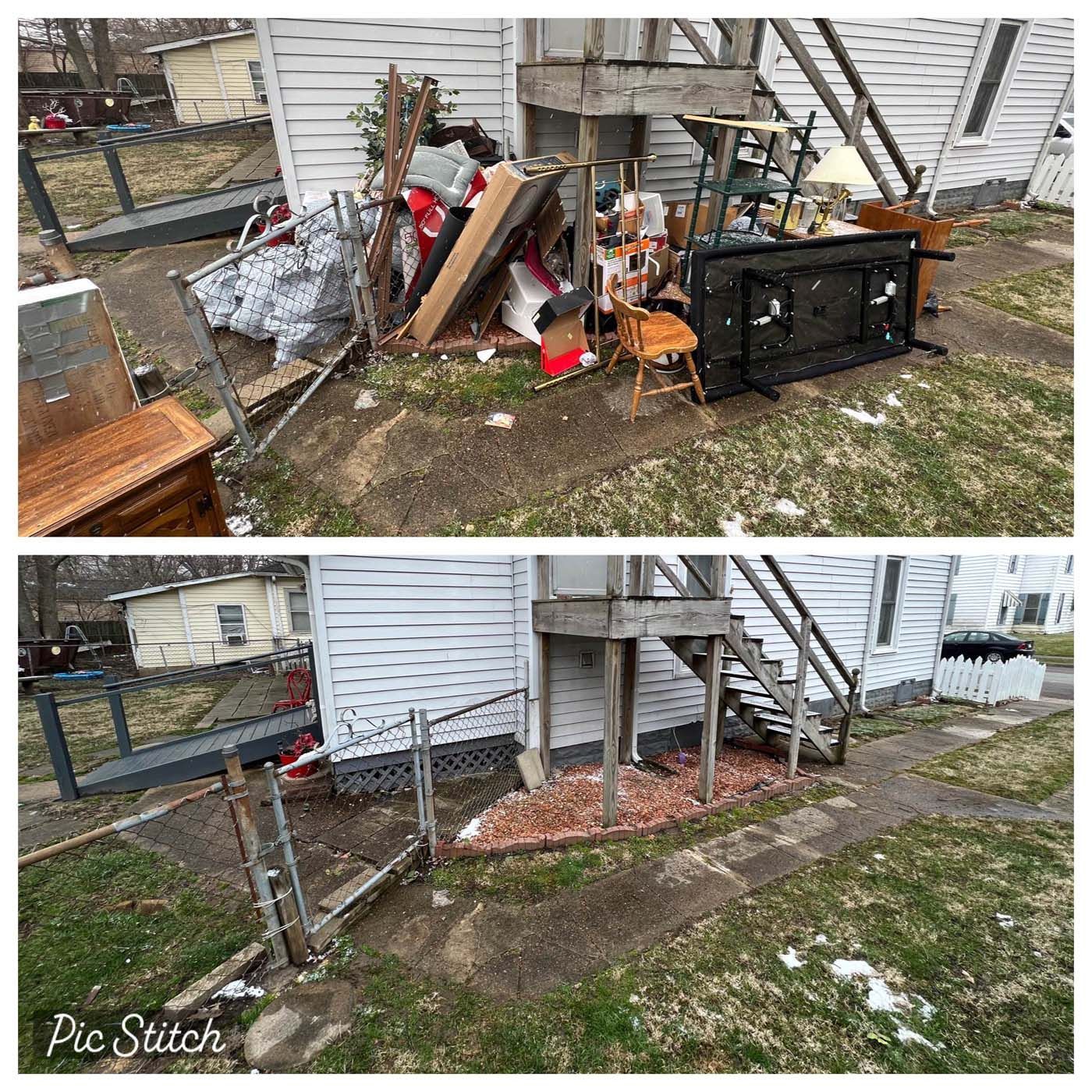 Before and after view of a backyard cleanup, showing piles of debris replaced with a clear, tidy space.