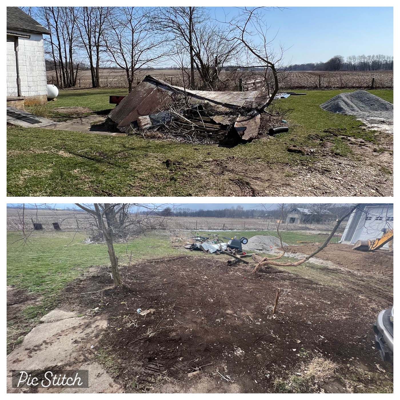Top: Debris from a destroyed structure on grass. Bottom: Debris is gone, area now has tilled dirt. Outdoors.