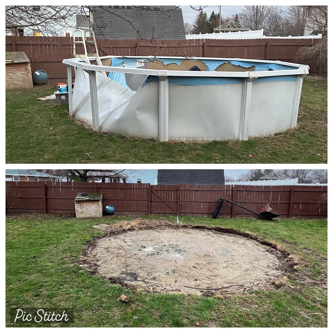Above and below photos: old pool being removed; metal frame, blue liner, then a dirt pit.