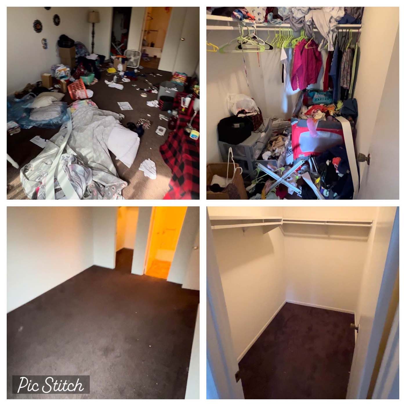 A messy room and closet transition to a clean room and closet. Room is brown with white walls, closet white.