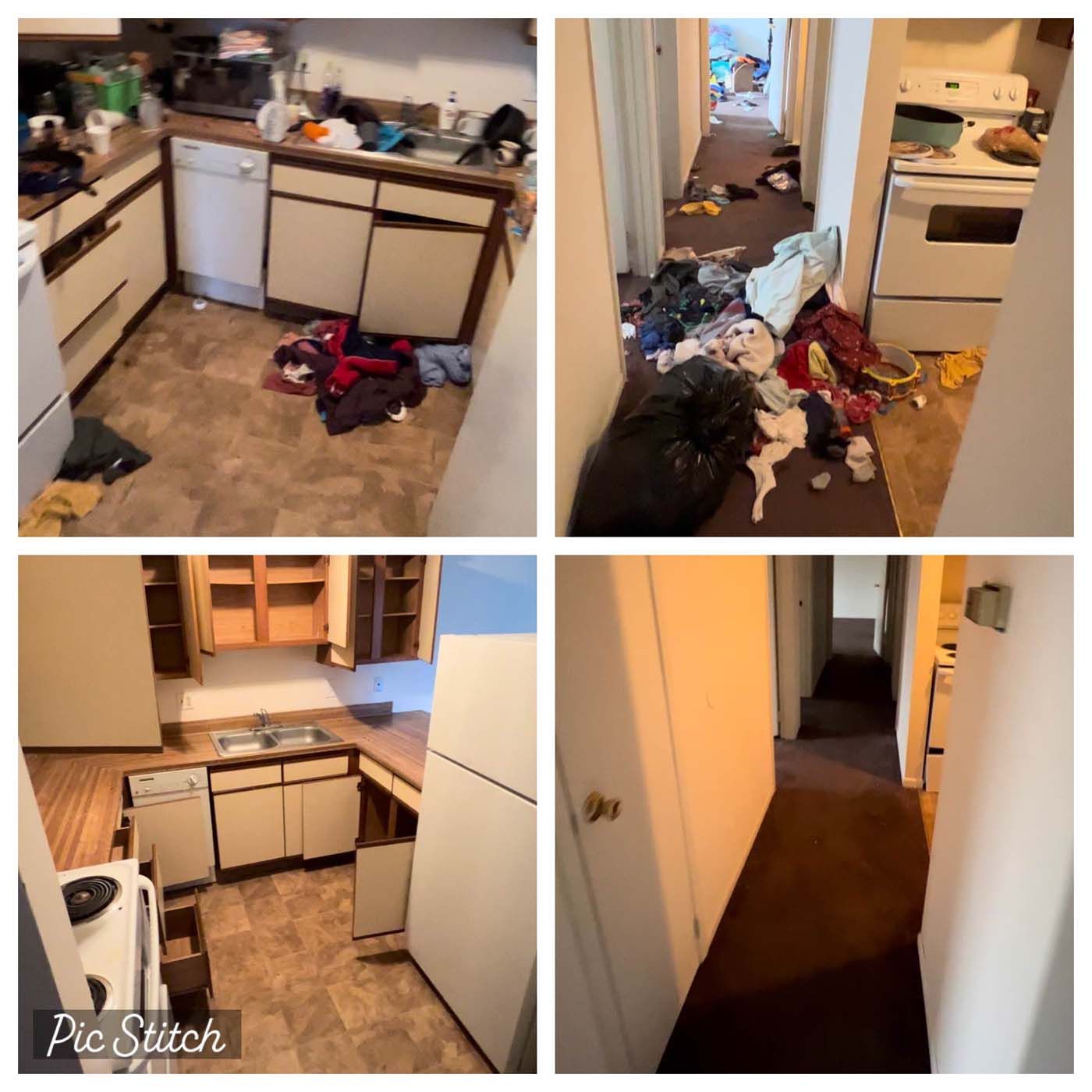 Four photos showing a cluttered apartment before and after cleaning. Kitchens and hallway are shown with trash and then clean.