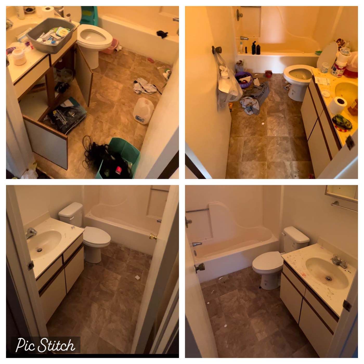 Bathroom before and after cleaning. Top images dirty, bottom images clean. Beige tile, white fixtures, wooden vanity.