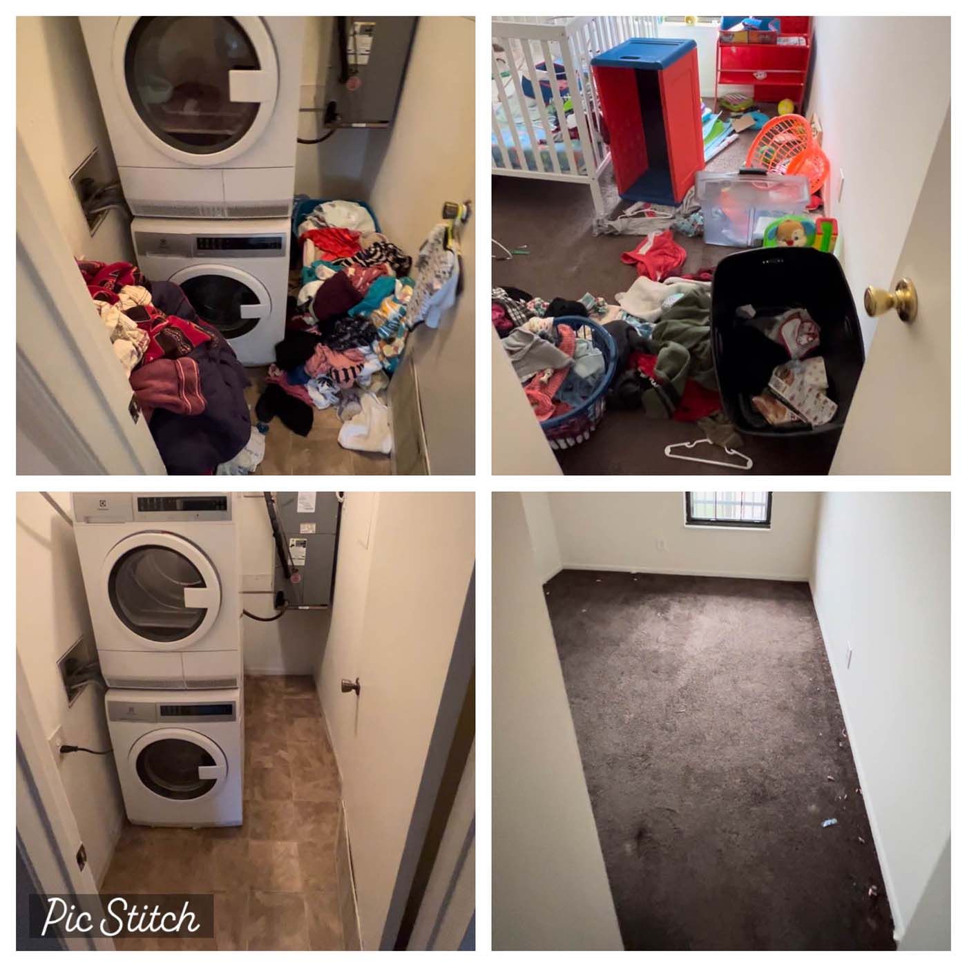 Laundry room and messy bedroom before/after cleaning. Laundry machine and bedroom clean.