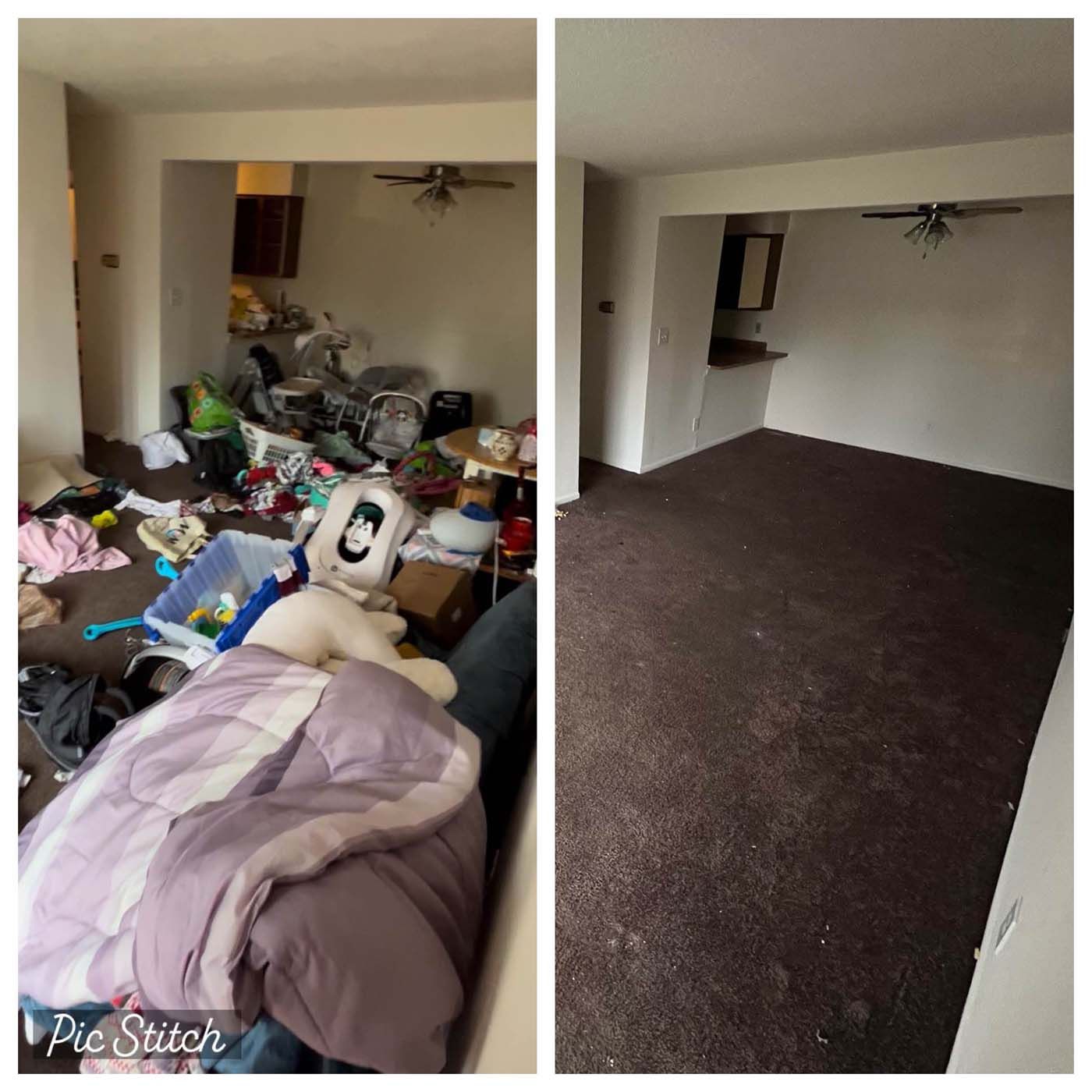 Before and after photos of a living room, cluttered then cleared.
