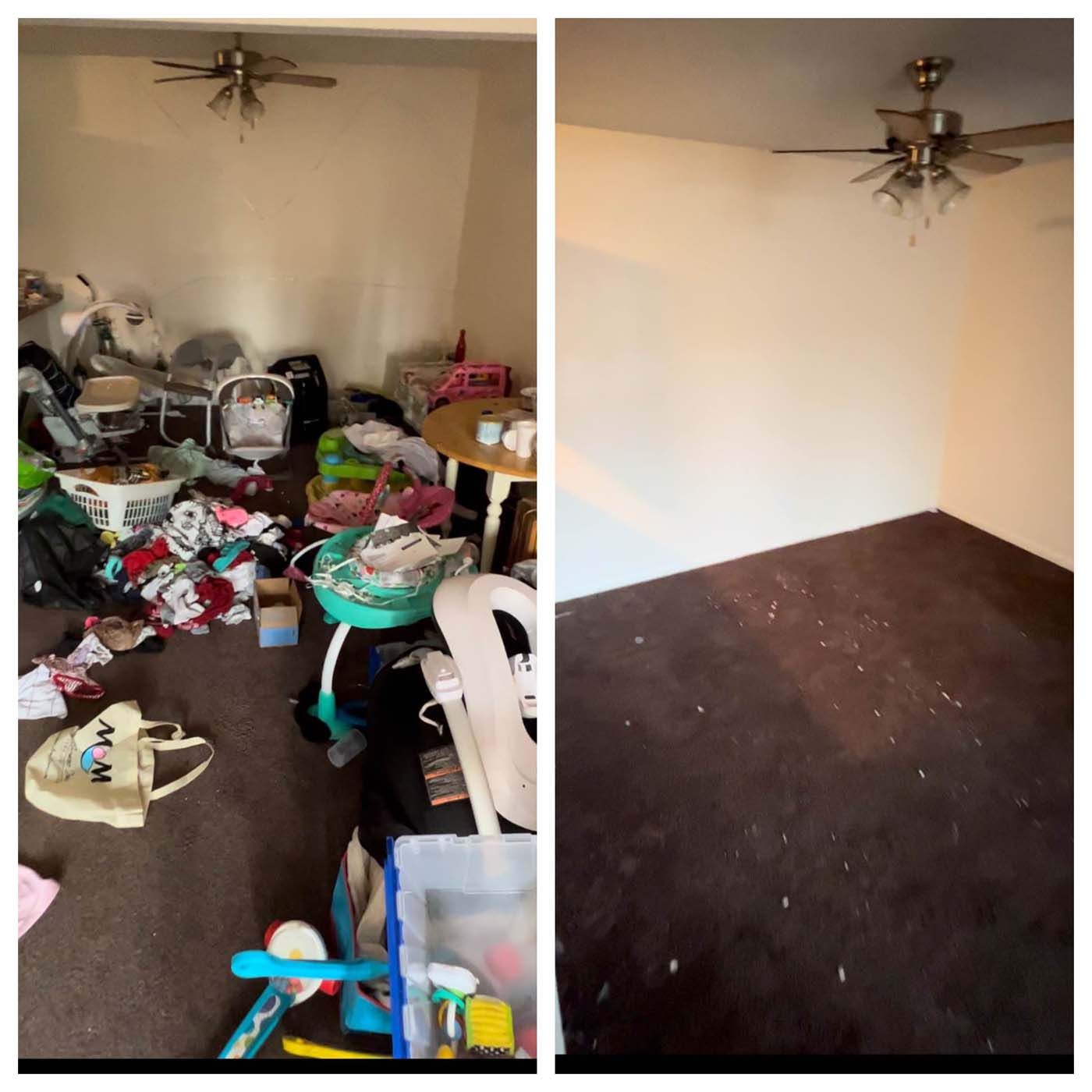 Room before and after cleaning: messy room with baby items to a bare room with dark carpet.