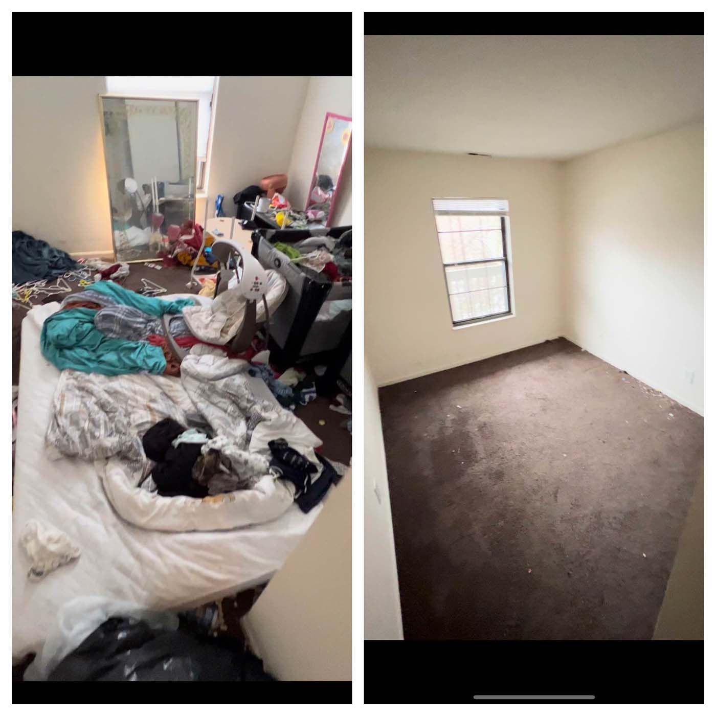Before and after of a bedroom. Messy room on the left, clean, empty room on the right.