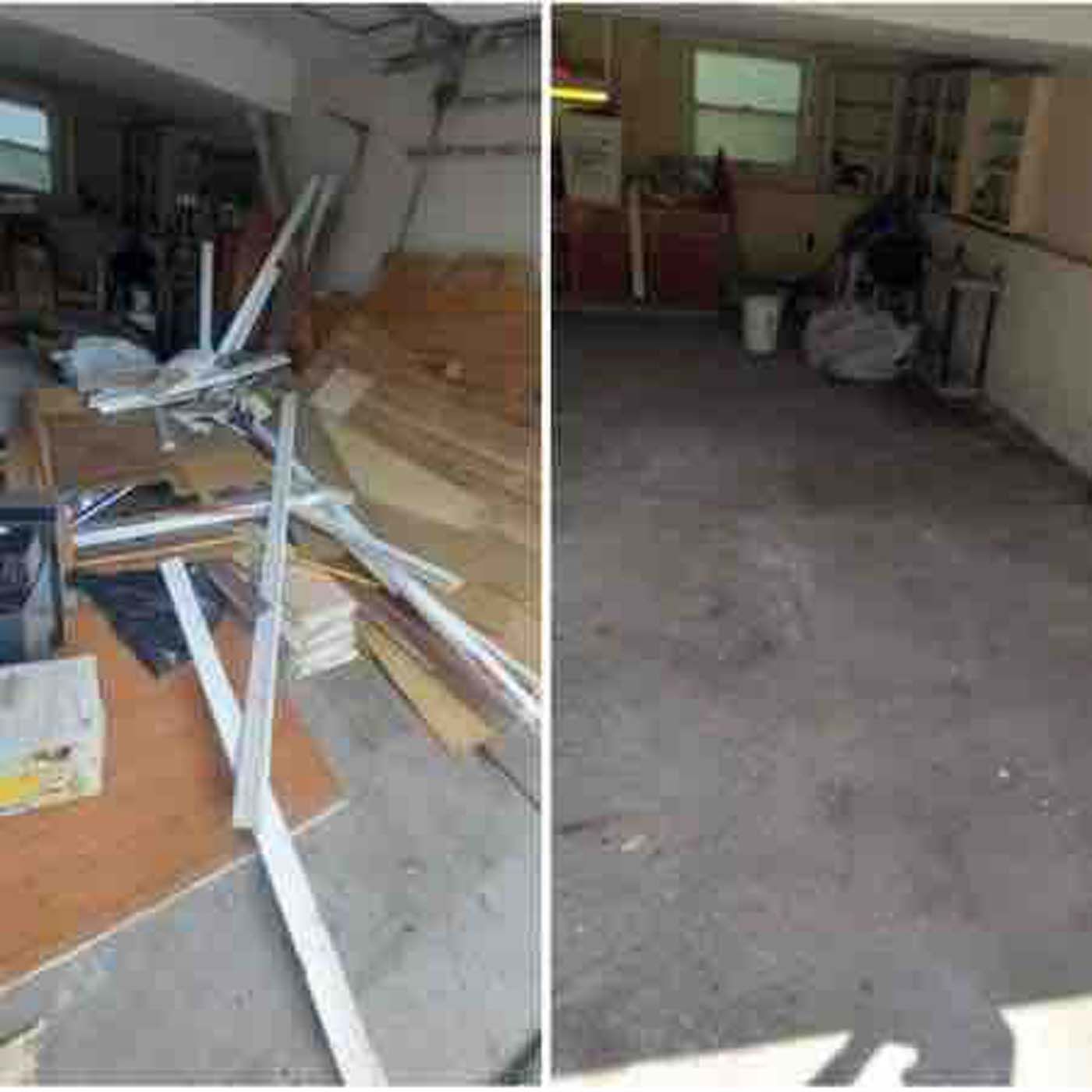 Before-and-after view of a garage. Left, cluttered. Right, clean concrete floor, empty.