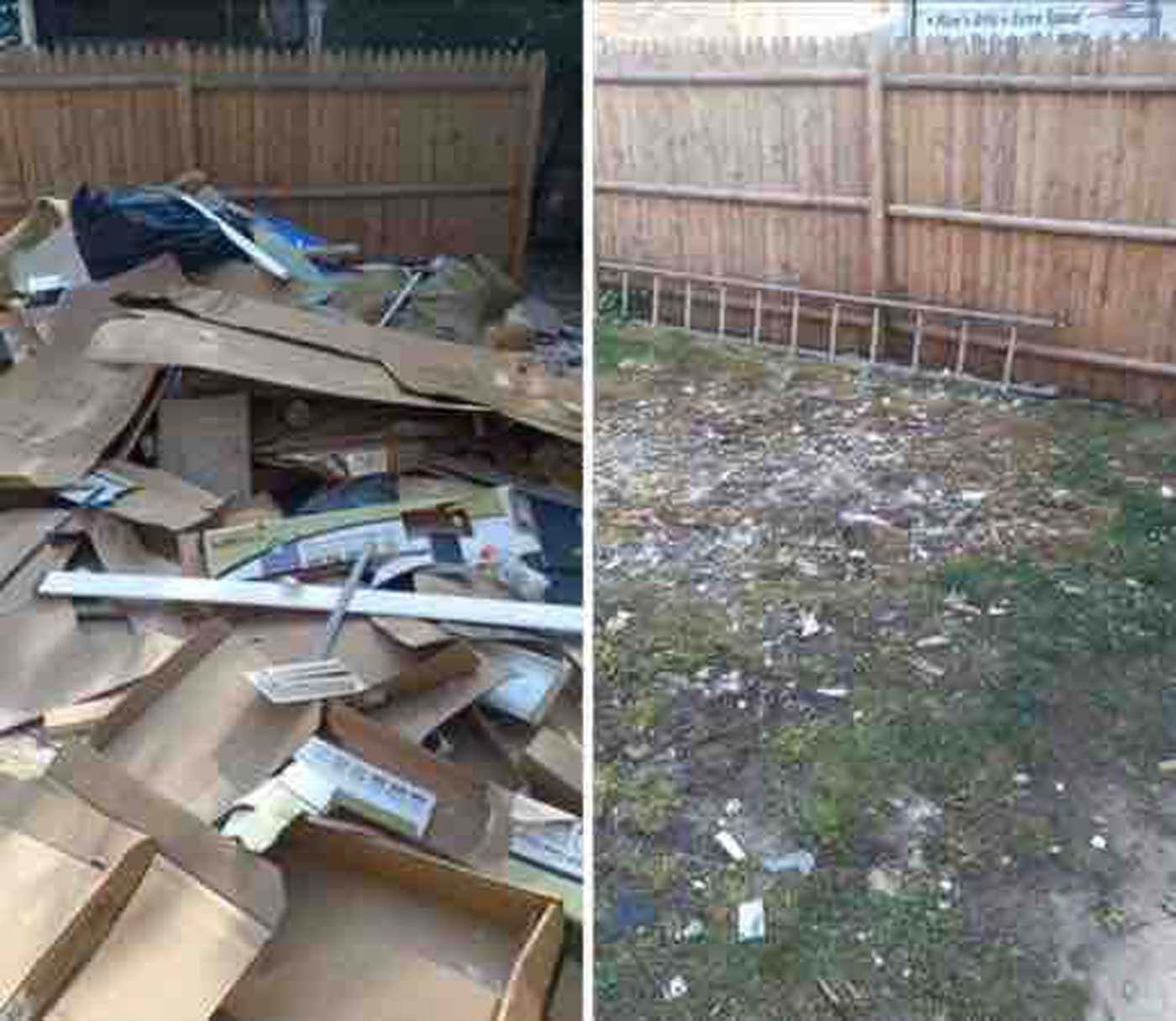 Before and after of a backyard. Left side, a large pile of debris; right side, the cleaned yard with a ladder.