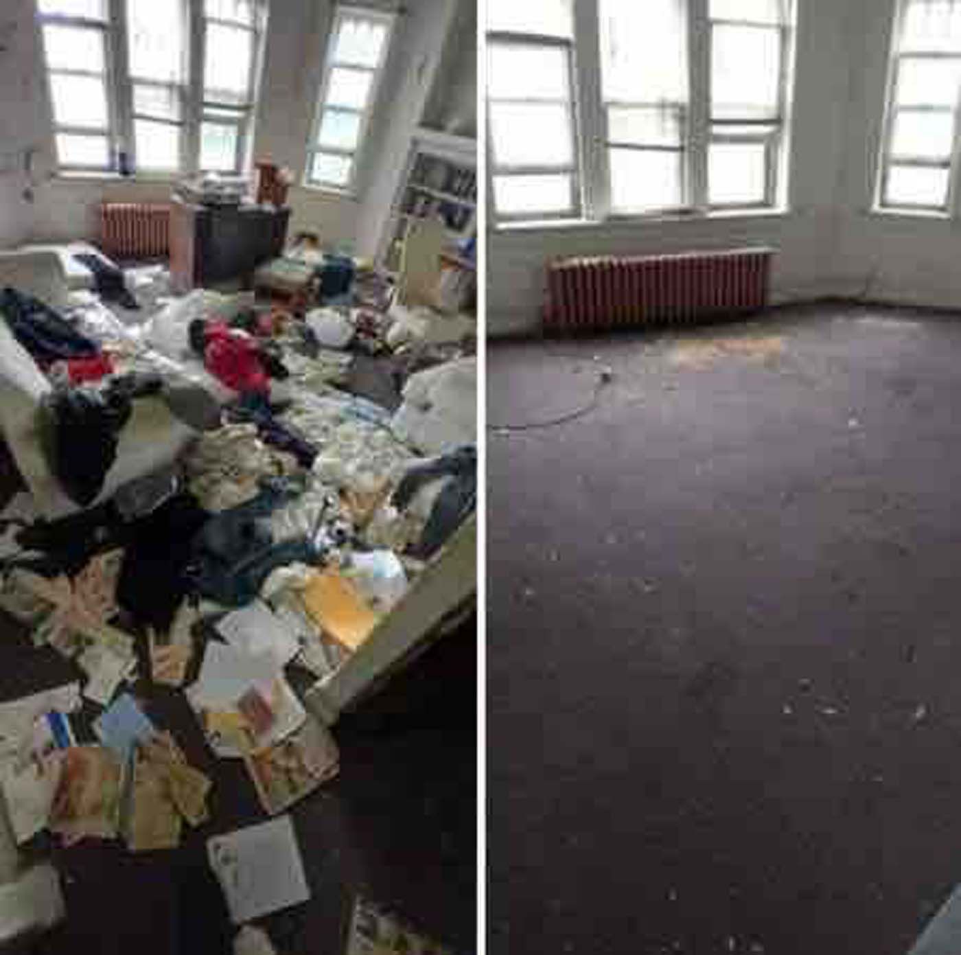 Before and after photos: a messy room cluttered with items and a clean, empty room.