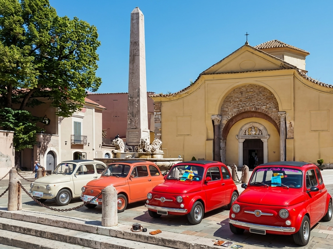 Auto d'epoca rosse parcheggiate accanto a un obelisco e a una chiesa in una soleggiata piazza cittadina.