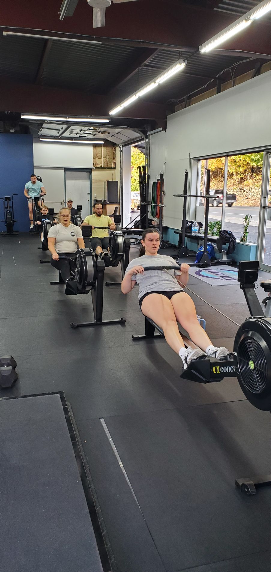 A group of people are doing push ups with dumbbells in a gym.
