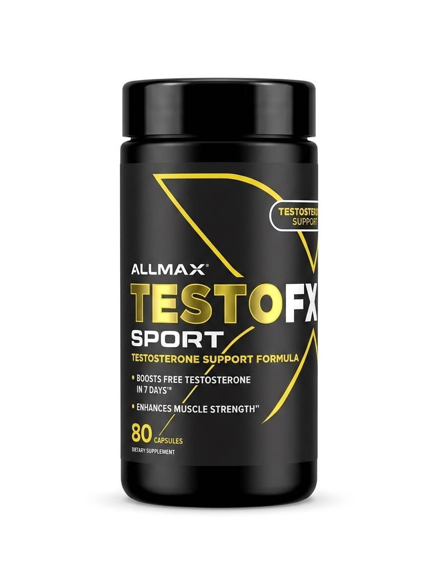 Frasco de suplemento negro con la etiqueta “ALLMAX TESTOFX SPORT” con detalles amarillos sobre fondo blanco.