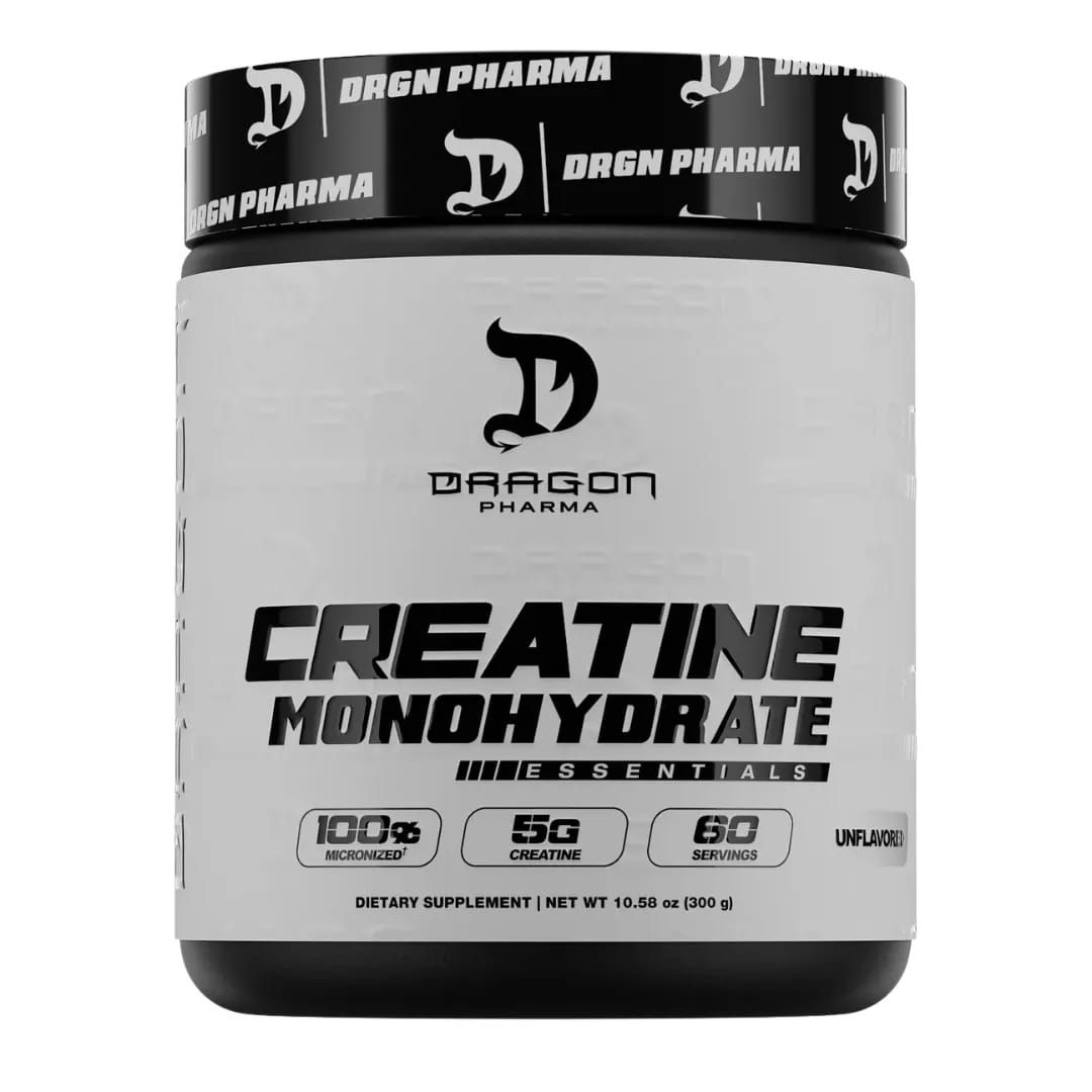 Frasco de suplemento de monohidrato de creatina Black Dragon Pharma con etiqueta blanca y tapa negra.