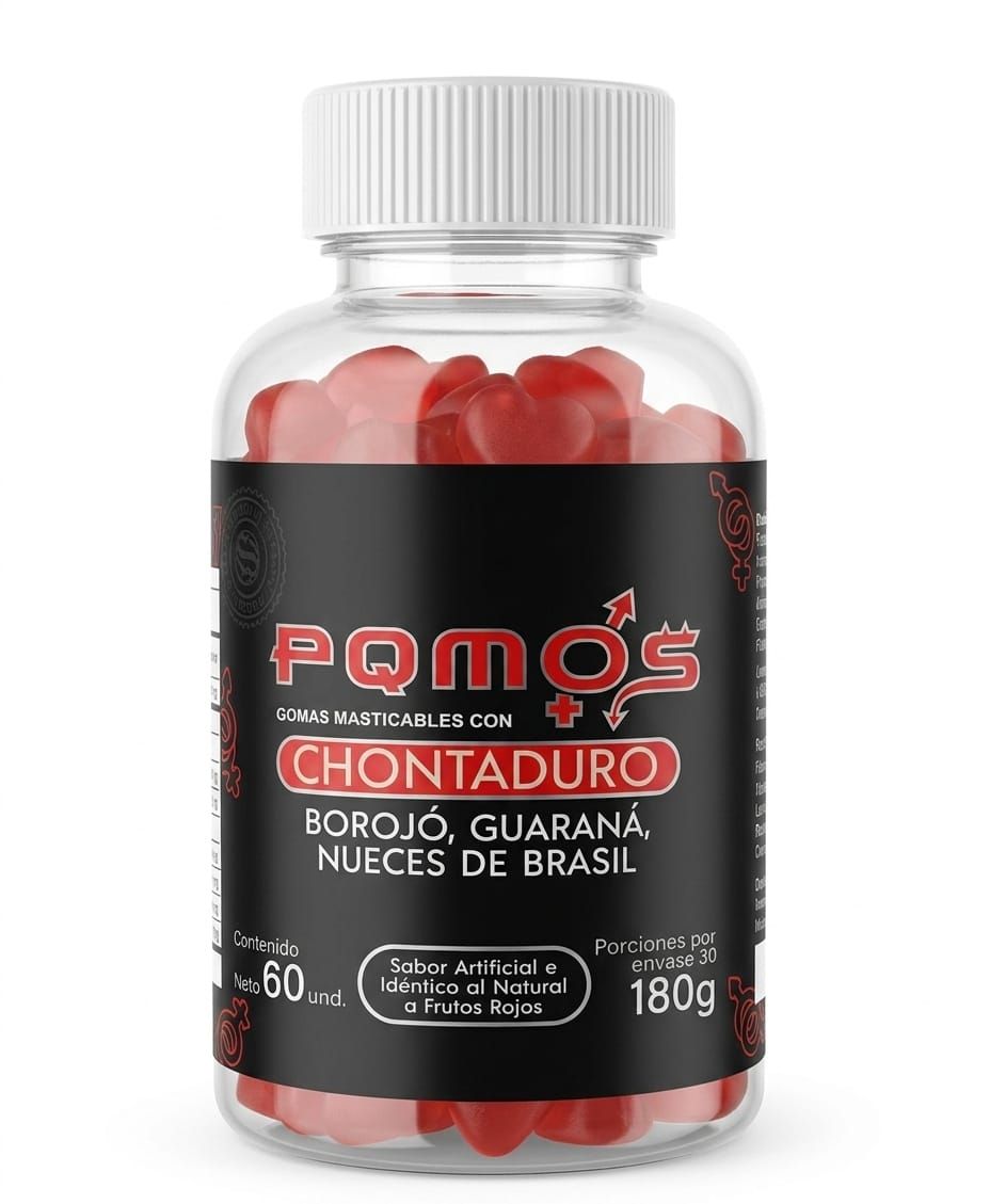 Botella de caramelos POMOS Chontaduro, gomitas rojas en un frasco transparente con etiqueta negra.