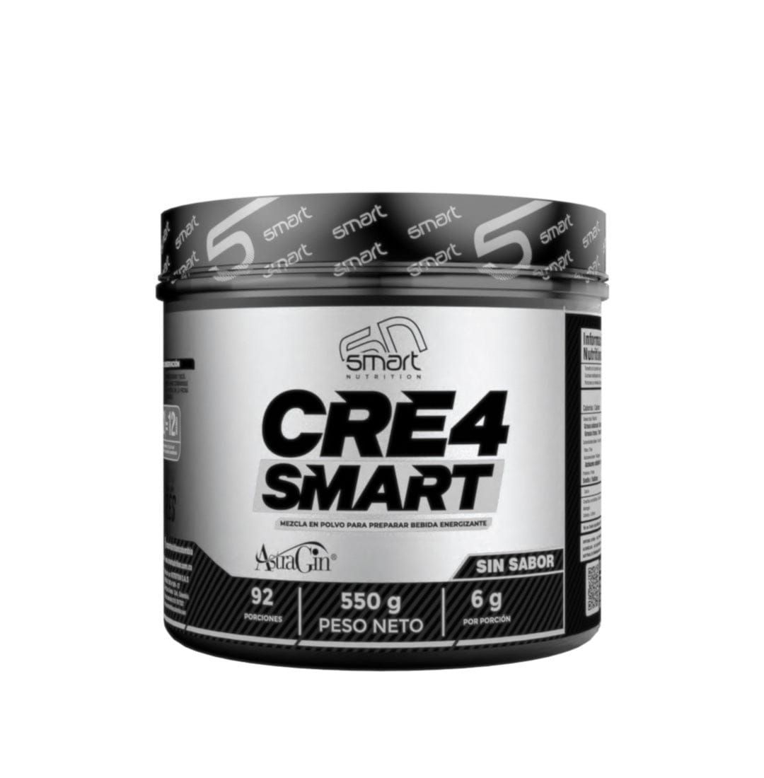 Frasco de suplemento de creatina CRE4 SMART negro y plateado sobre fondo blanco.
