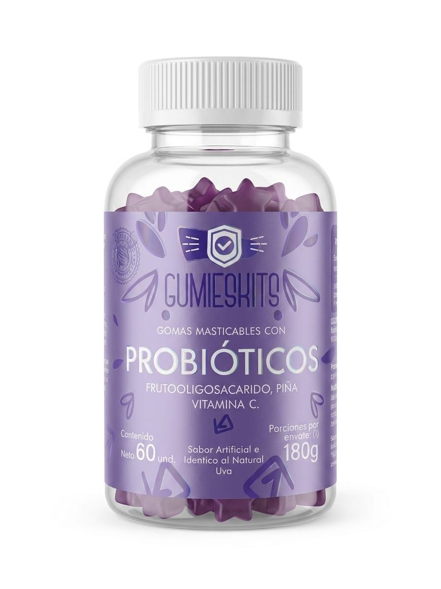 Frasco morado de suplemento probiótico con tapa blanca y diseño de cristal.