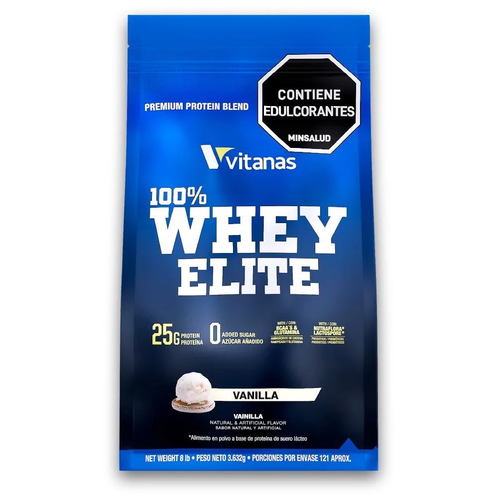Bolsa de proteína en polvo Blue Vitanas 100% Whey Elite sabor vainilla con etiqueta negra y texto blanco.