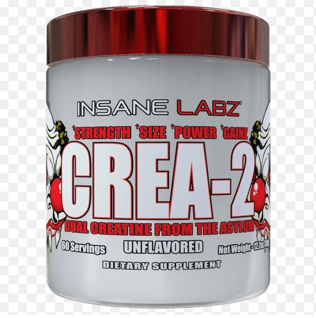Frasco de suplemento de creatina Insane Labz CREA-2 rojo y blanco con tapa granate