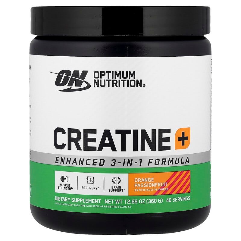 Frasco de suplemento Creatine+ de Optimum Nutrition con tapa negra y etiqueta verde.