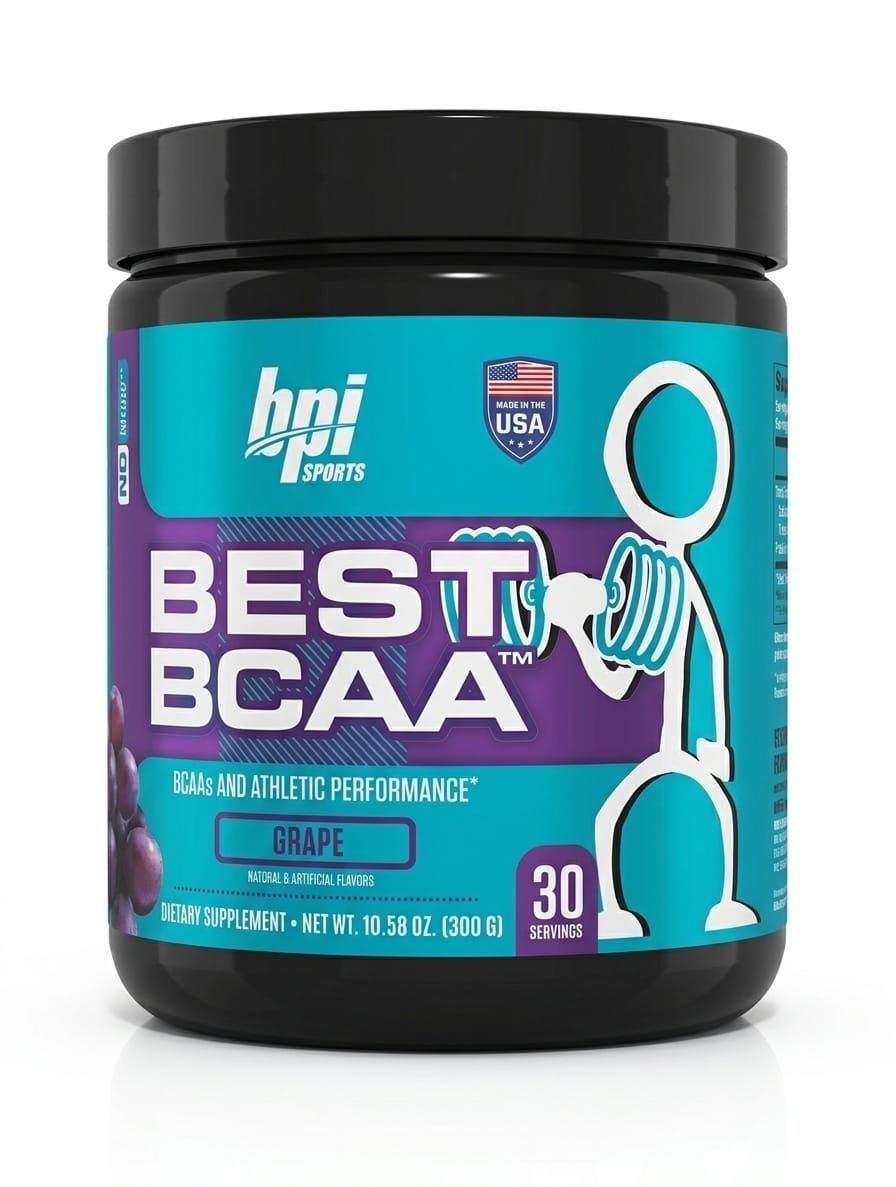 Frasco de suplemento BPI Sports Best BCAA, envase negro con etiqueta turquesa y gráfico de pesa rusa.