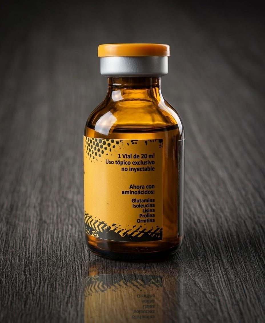 Frasco pequeño de color ámbar con tapa naranja, etiquetado como “PEPTONASE”, sobre una superficie de madera oscura.