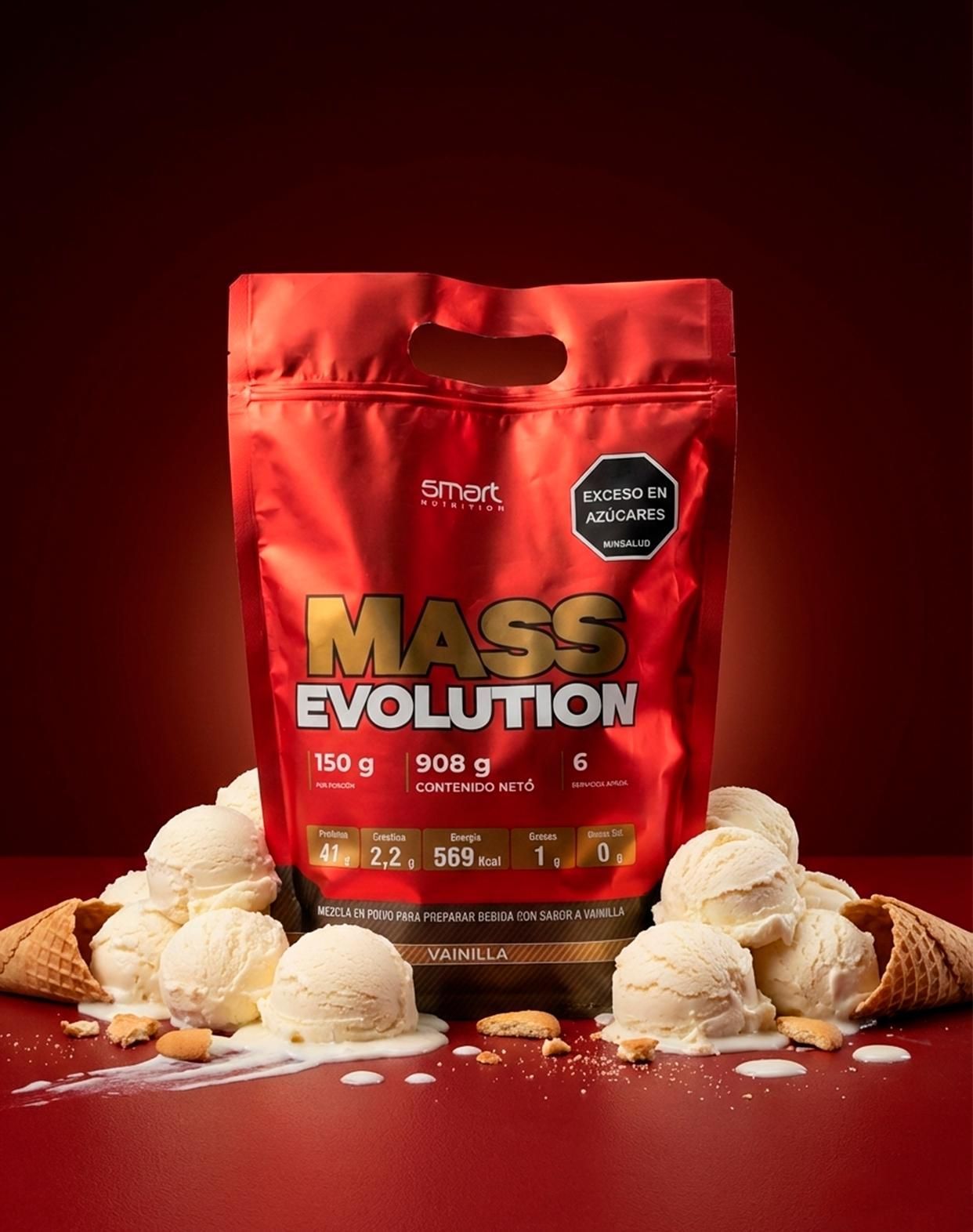 Bolsa roja para suplementos Mass Evolution con texto dorado llamativo y detalles en negro.
