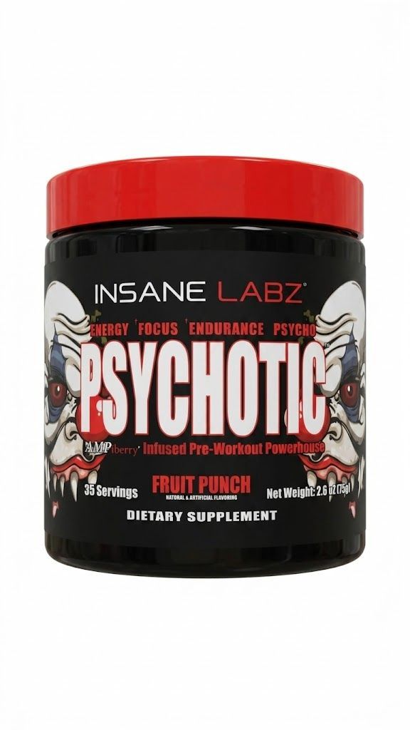 Lata de suplemento pre-entrenamiento Insane Labz Psychotic Fruit Punch en color negro y rojo