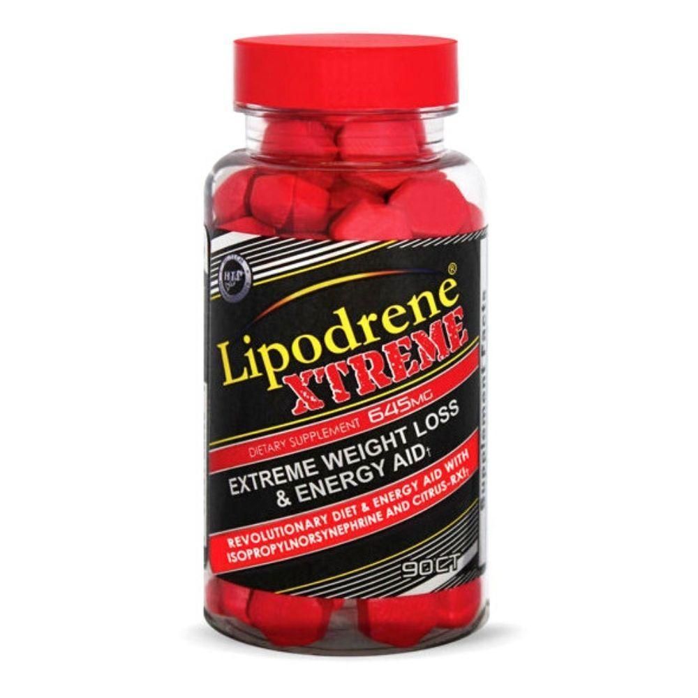 Frasco de pastillas Lipodrene Xtreme para bajar de peso y aumentar la energía, con tapa roja y etiqueta negra.