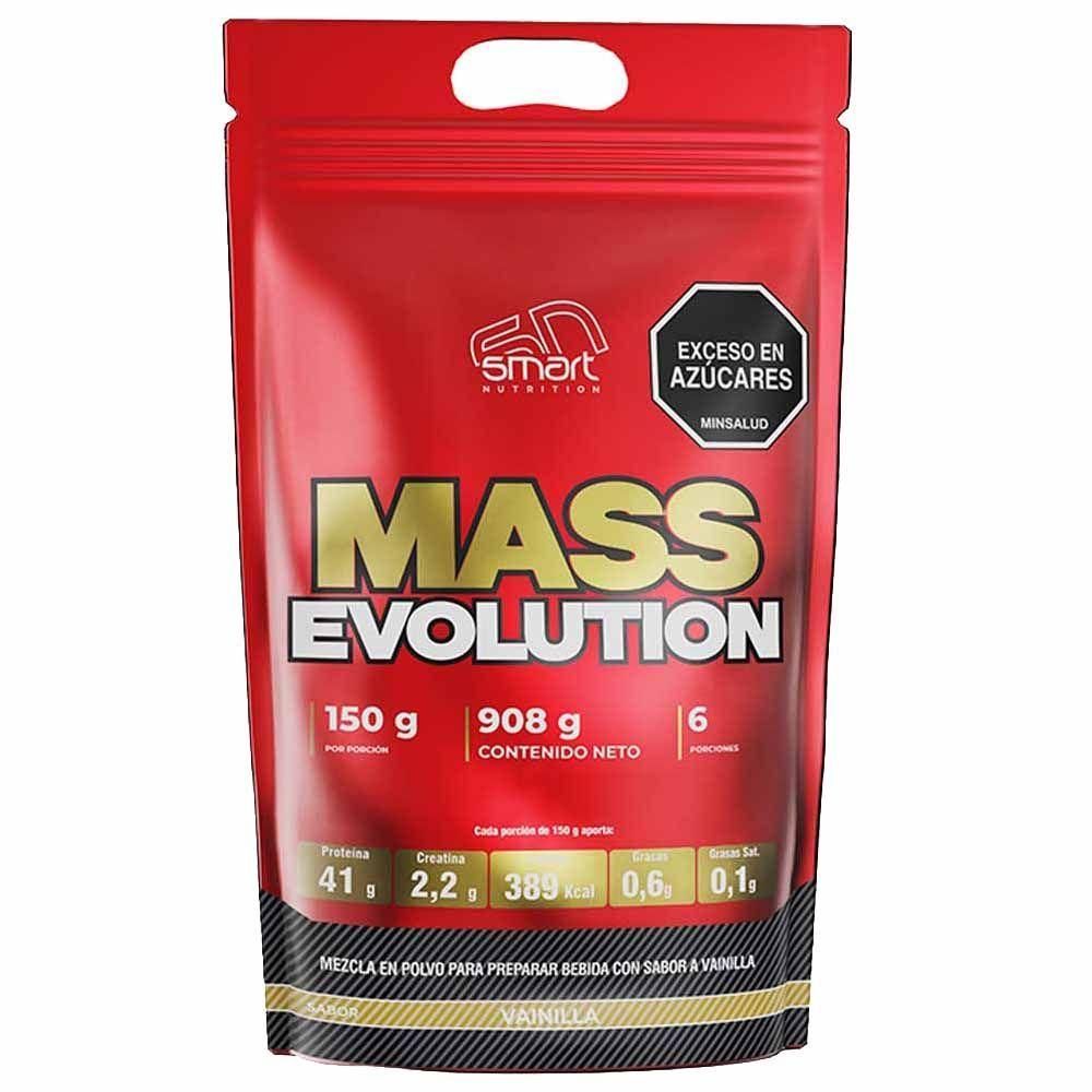 Bolsa roja para suplementos Mass Evolution con texto dorado llamativo y detalles en negro.