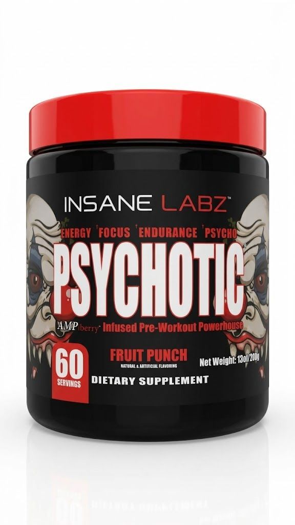 Suplemento pre-entrenamiento Insane Labz Psychotic Fruit Punch rojo y negro