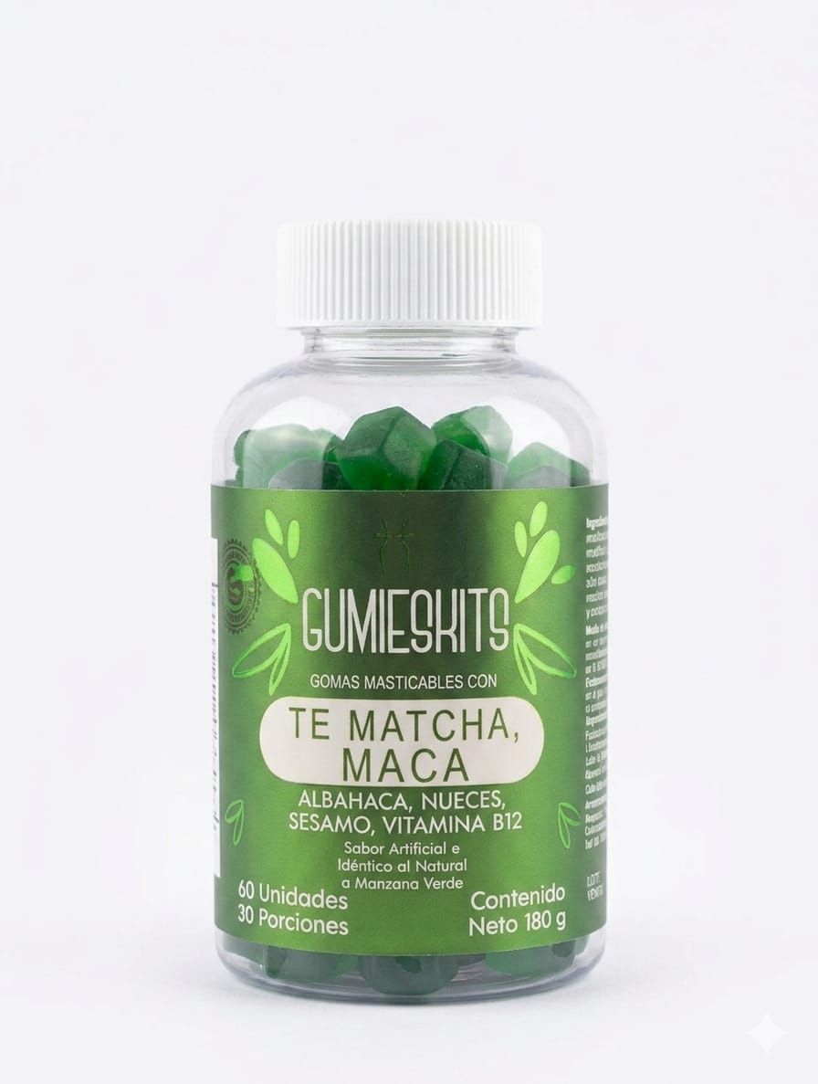 Frasco de suplemento verde con la etiqueta “Te Matcha, Maca” y cápsulas verdes en su interior.