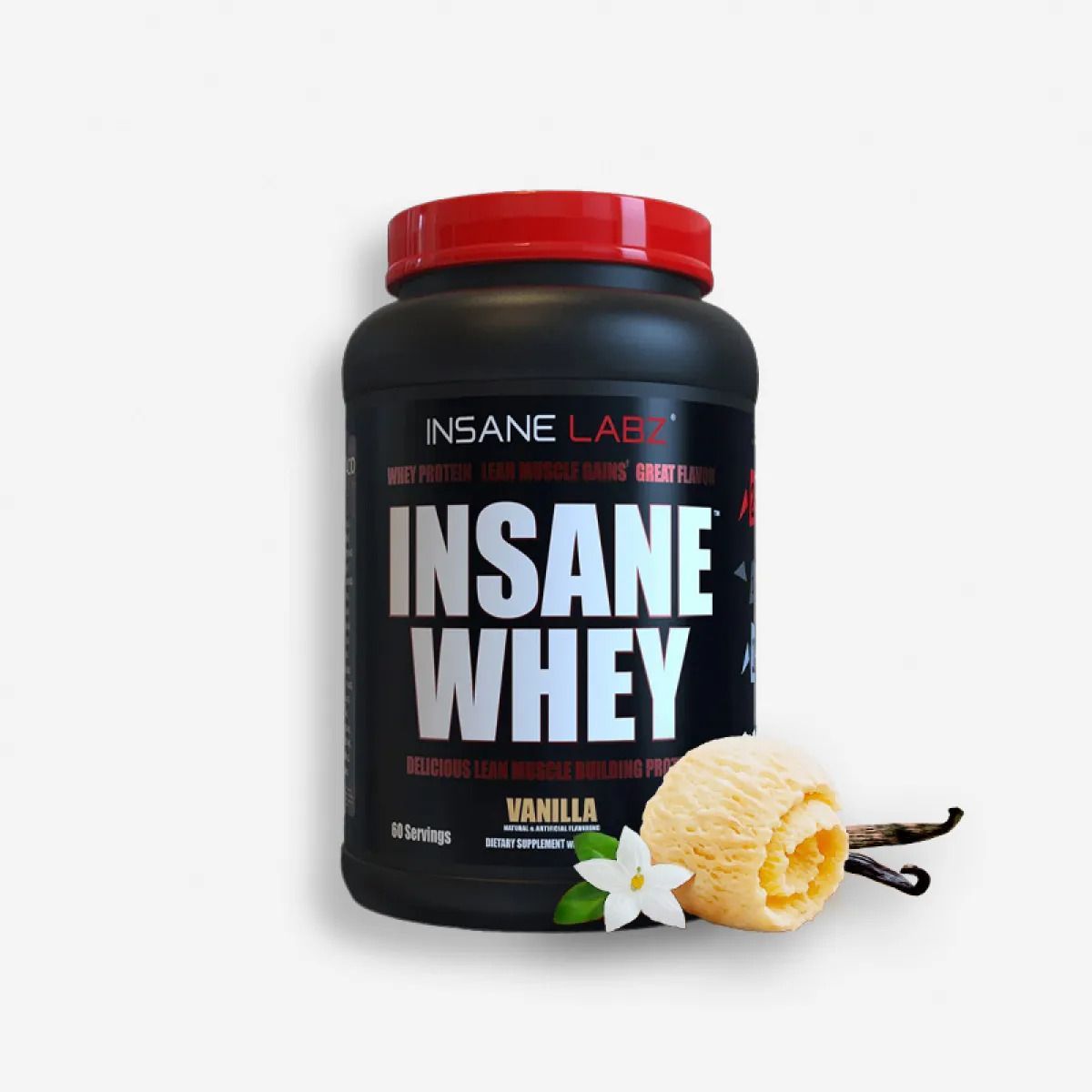 Envase de proteína en polvo Insane Whey de vainilla de Insane Labz en negro y rojo sobre fondo blanco.
