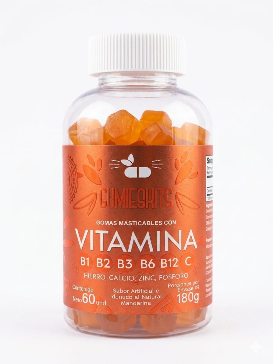 Frasco naranja de gomitas de suplemento de vitamina B con la etiqueta “VITAMINA B1 B2 B3 B6 B12 C”