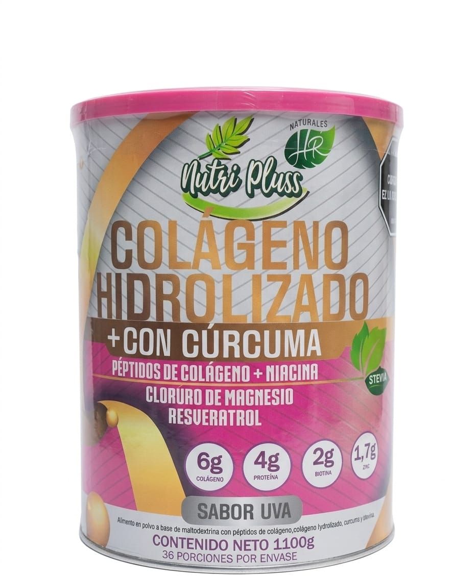 Frasco de polvo de colágeno Vita Plus, blanco con tapa rosa, etiquetado como “colágeno hidrolizado” y “sabor uva”.