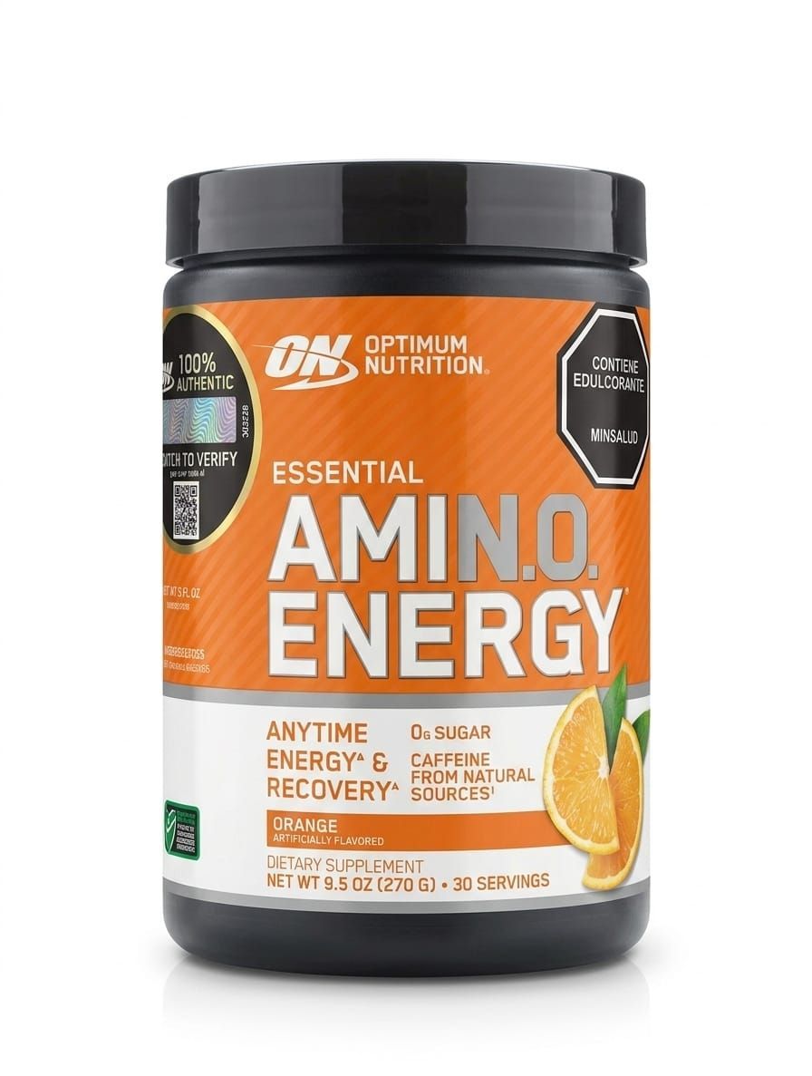 Envase de suplemento Essential Amino Energy de color naranja y negro con gráficos cítricos.
