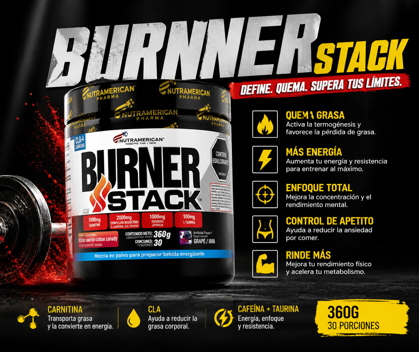 Envase negro de suplemento NutraBio Burn Stack con etiqueta llamativa blanca y roja.