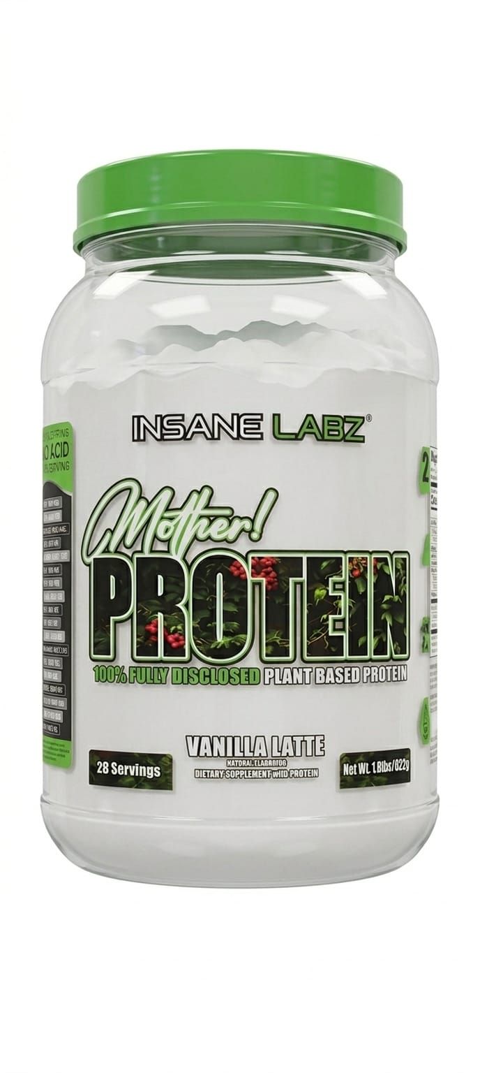 Envase blanco de suplemento proteico con tapa verde y etiqueta que dice “Insane Labz Giga Protein”.