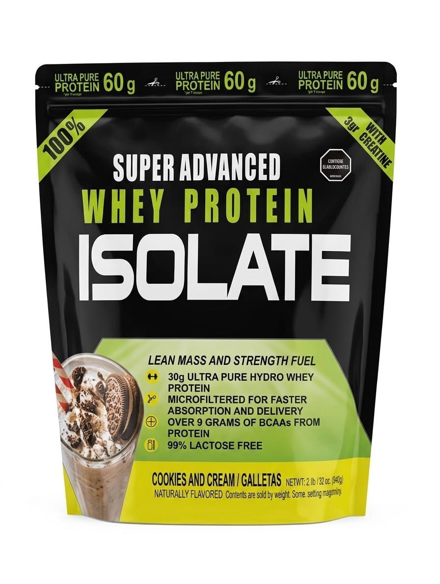 Bolsita de aislado de proteína de suero de leche sabor crema de vainilla con etiqueta negra, verde y blanca.