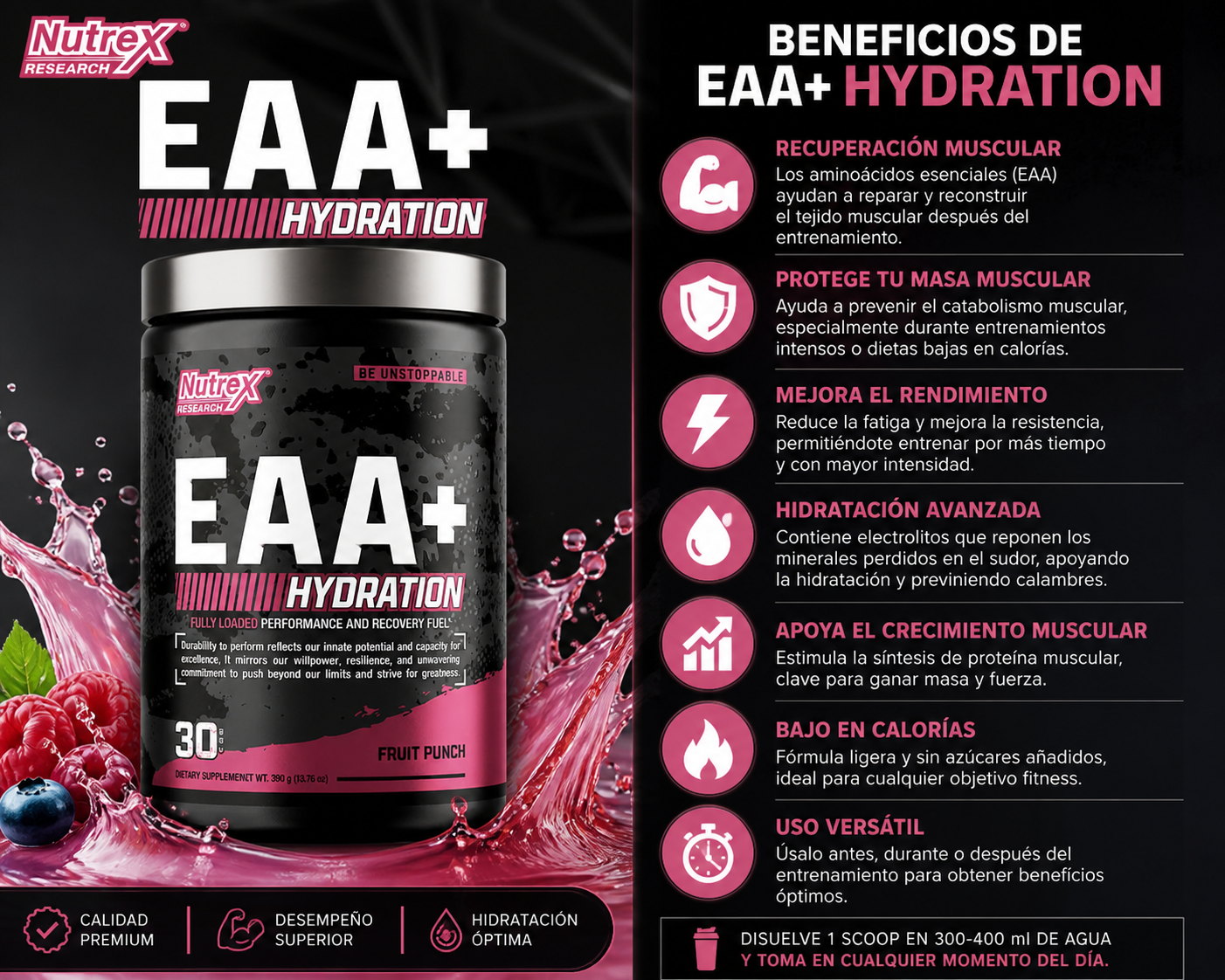 Frasco negro y rosa con la etiqueta “EAA+ Hidratación” con 30 porciones, mostrado sobre fondo blanco.