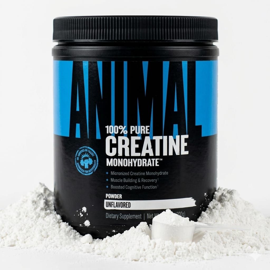Etiqueta de frasco en color negro y azul con la inscripción “Animal 100% Pure Creatine Monohydrate”