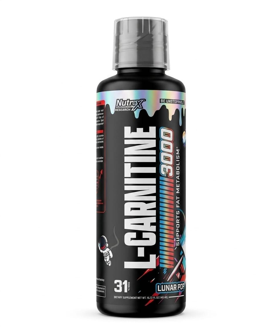 Frasco de suplemento de L-carnitina negro con tapa plateada y etiqueta colorida sobre fondo blanco.