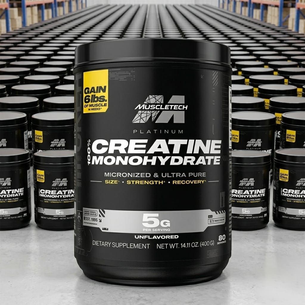 Frasco negro del suplemento MuscleTech Platinum Creatine Monohydrate con etiqueta amarilla.