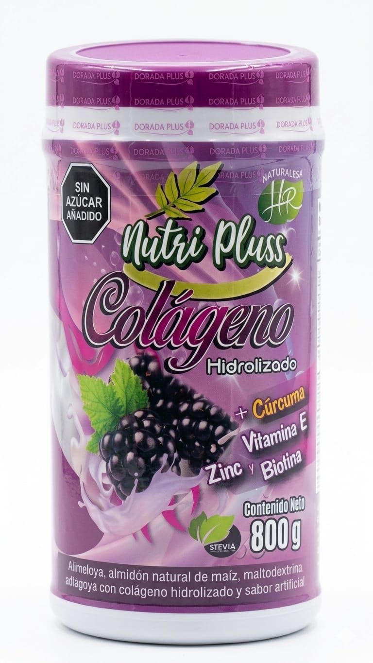 Frasco rosa de polvo de colágeno Nutri Puss con moras en la etiqueta.