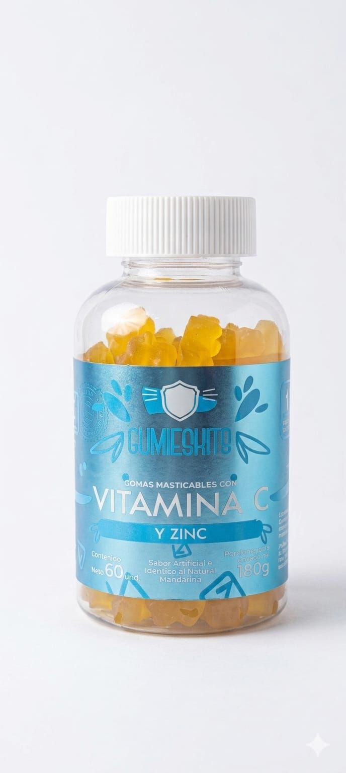Frasco transparente de gomitas amarillas de vitamina C y zinc con tapa blanca sobre fondo claro.