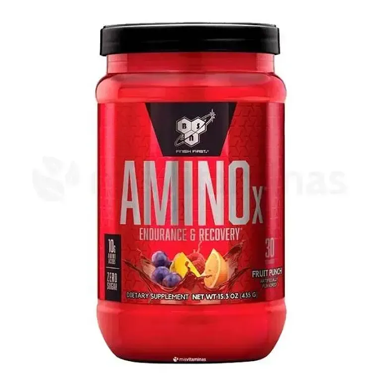 Frasco rojo de suplemento AminoX con tapa negra y dibujos de frutas en la etiqueta.