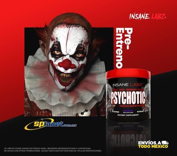 Suplemento pre-entrenamiento Insane Labz Psychotic Fruit Punch rojo y negro