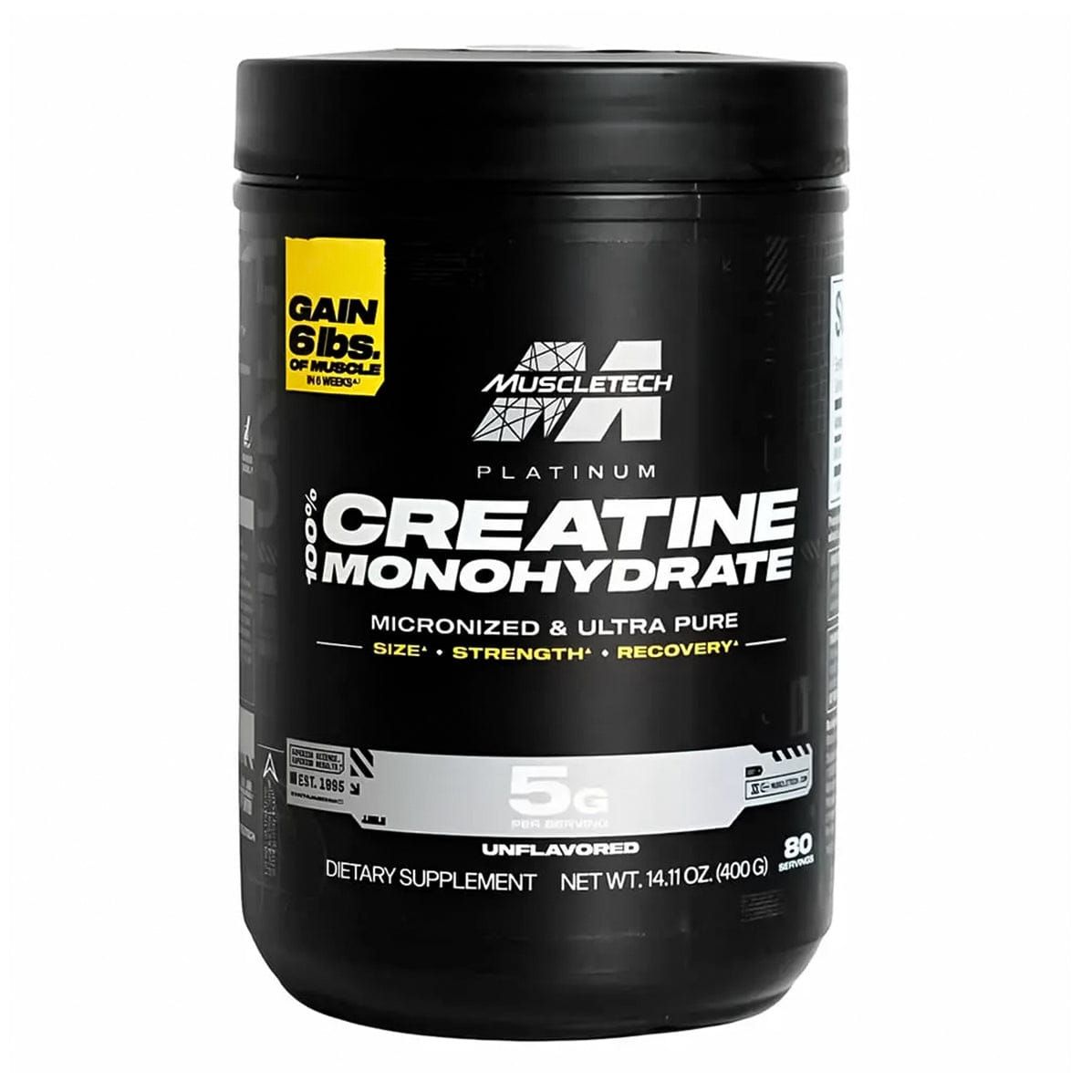 Frasco negro del suplemento MuscleTech Platinum Creatine Monohydrate con etiqueta amarilla.